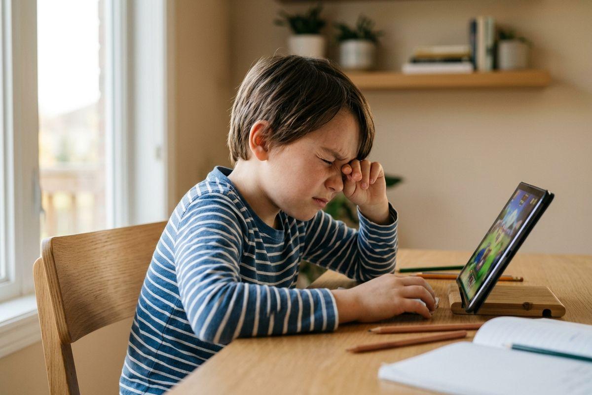 A child rubbing their eyes at a table with a tablet, pencils, and a notebook.
