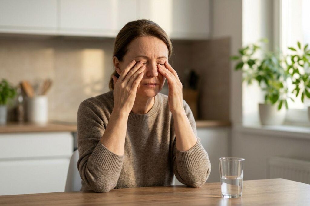 A person rubbing both eyes while seated at a kitchen table with a glass of water.