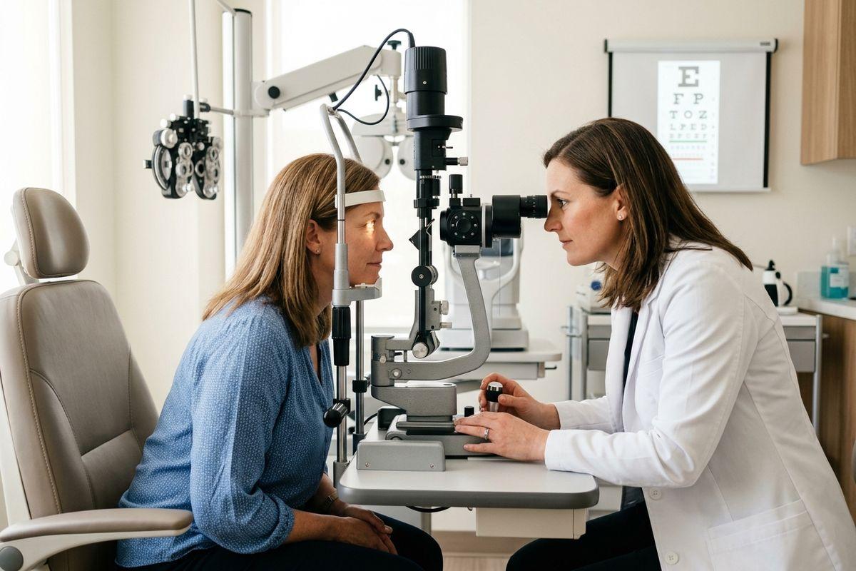 An optometrist examines a seated patient's eyes using a slit lamp in an exam room, with an eye chart on the wall.