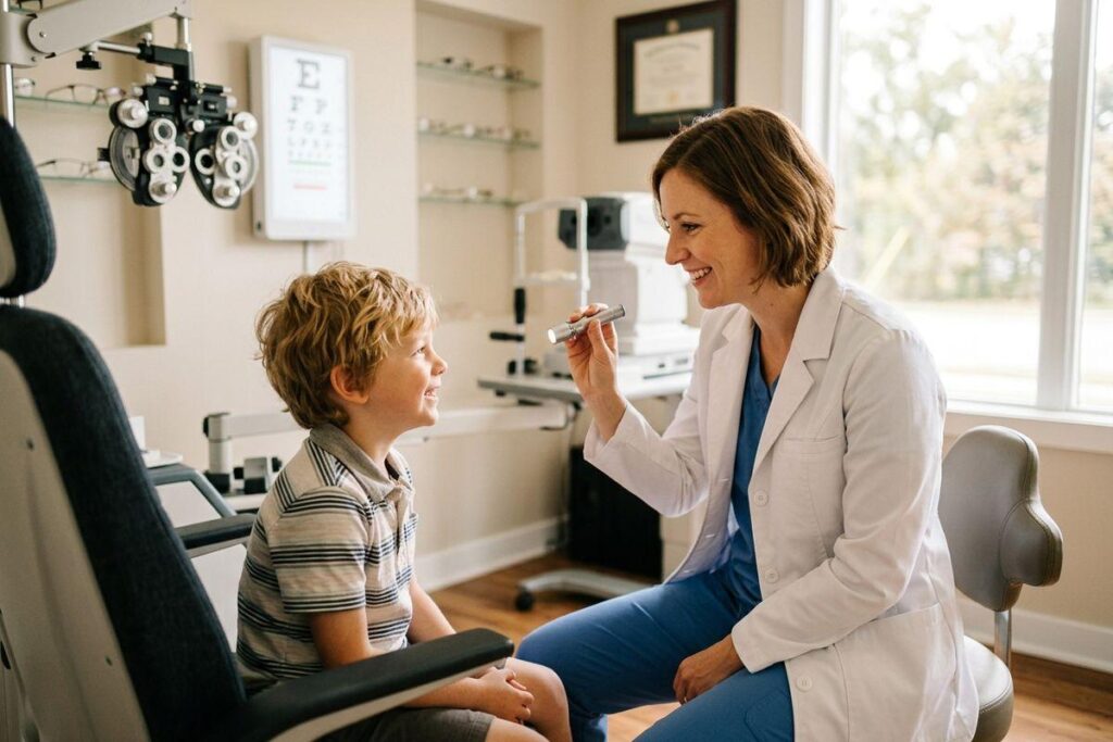An optometrist holding a penlight, smiling at a child seated in an exam chair with an eye chart and phoropter nearby.