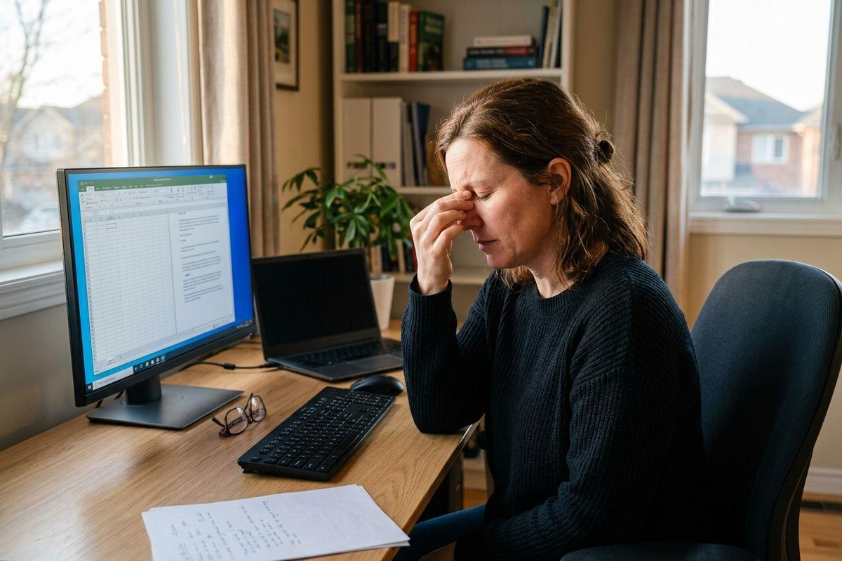 A person at a home desk pinching the bridge of their nose with eyes closed, beside a monitor, laptop, and keyboard.