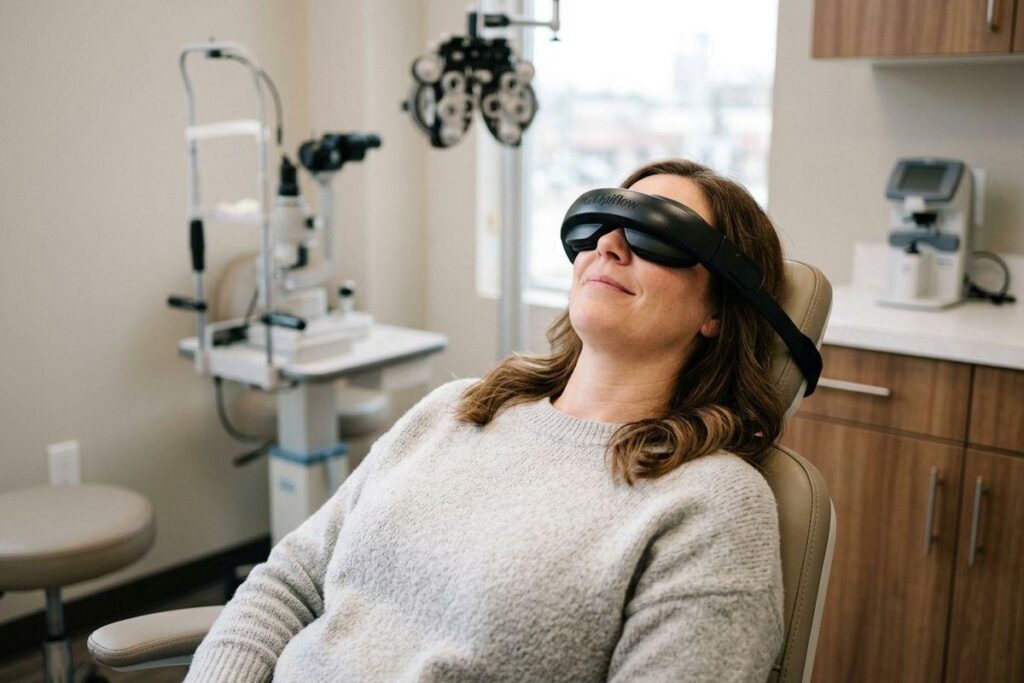 A person reclining in an exam chair wearing a black eye mask device, smiling, in an optometry room with a phoropter behind.