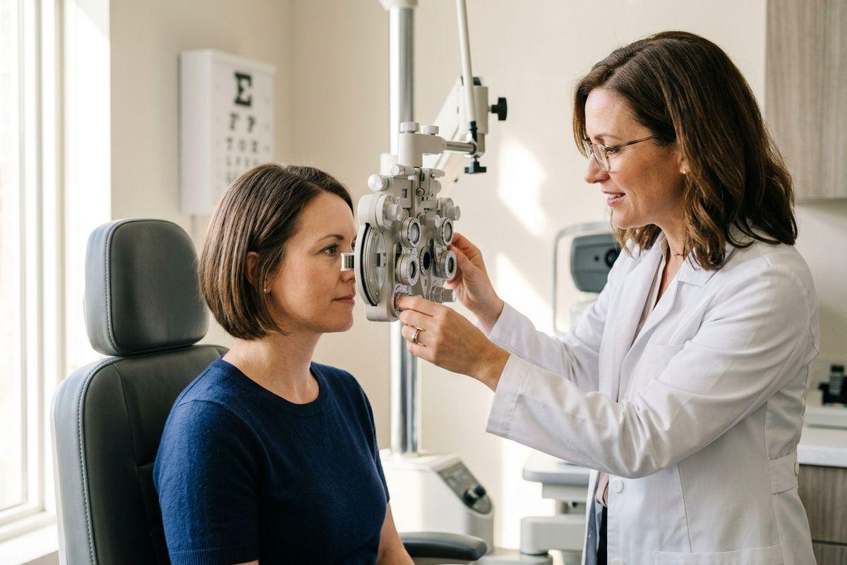 An optometrist adjusts a phoropter for a seated patient during an eye exam, with an eye chart on the wall.