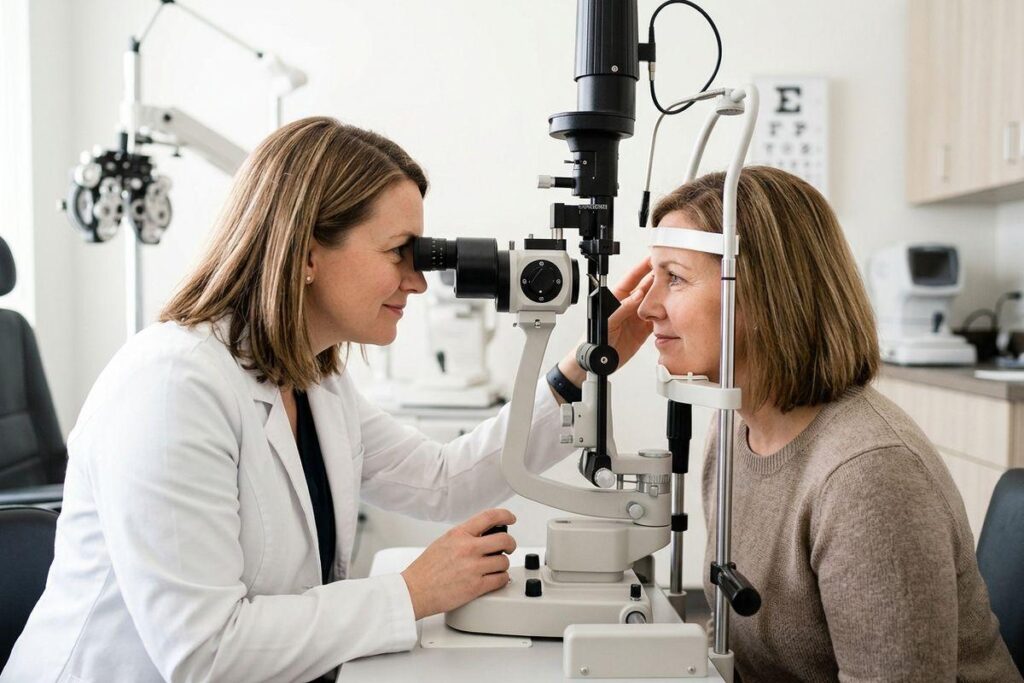 An optometrist examines a patient's eyes using a slit lamp in an exam room, with an eye chart on the wall.