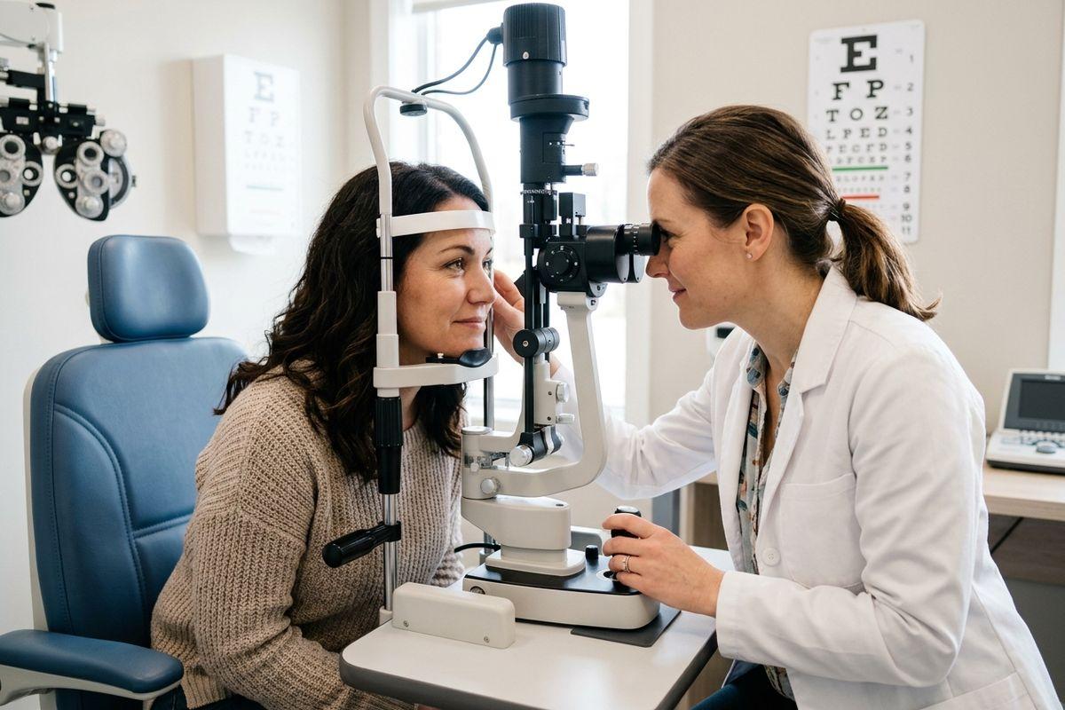 An eye doctor in St. Thomas examining a patient's eyes with a slit lamp with an eye chart on the wall behind them.