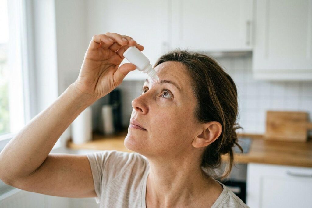 Person applying eye drops from a white bottle, looking upward, in a kitchen.
