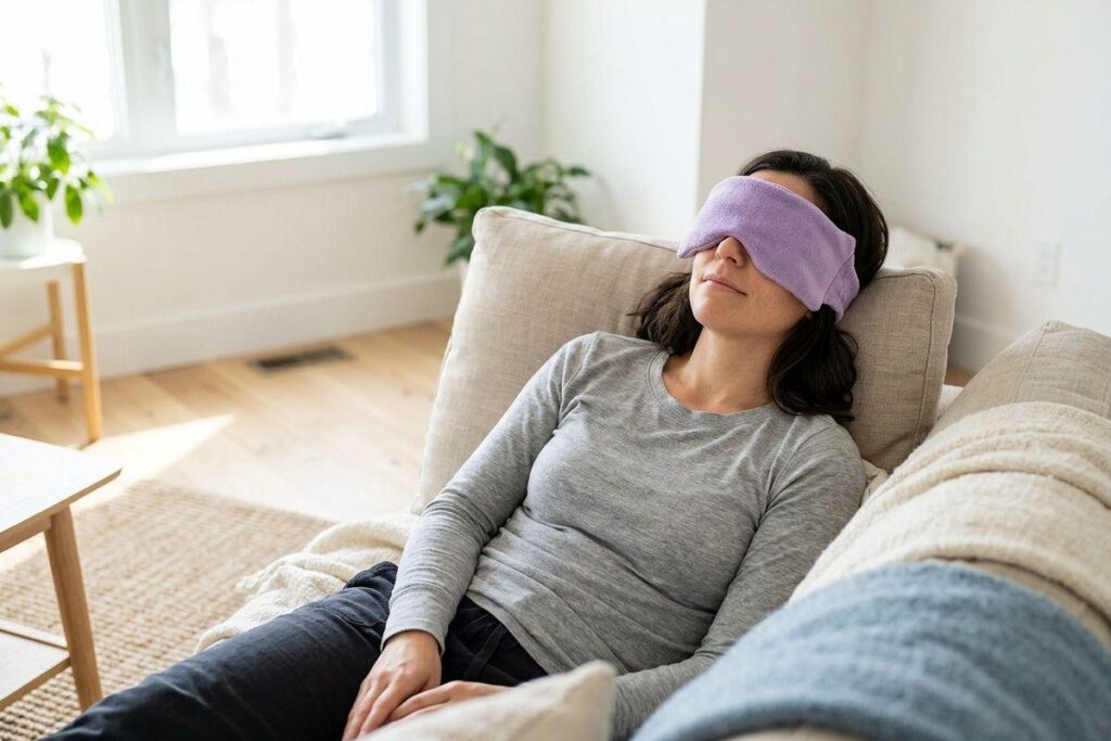 Person resting on a couch wearing a purple eye mask over their eyes.