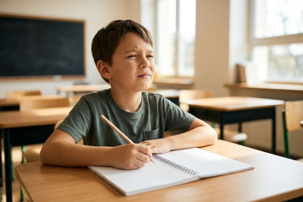 A child sitting at a classroom desk with a pencil and open notebook, gazing away with a puzzled expression.