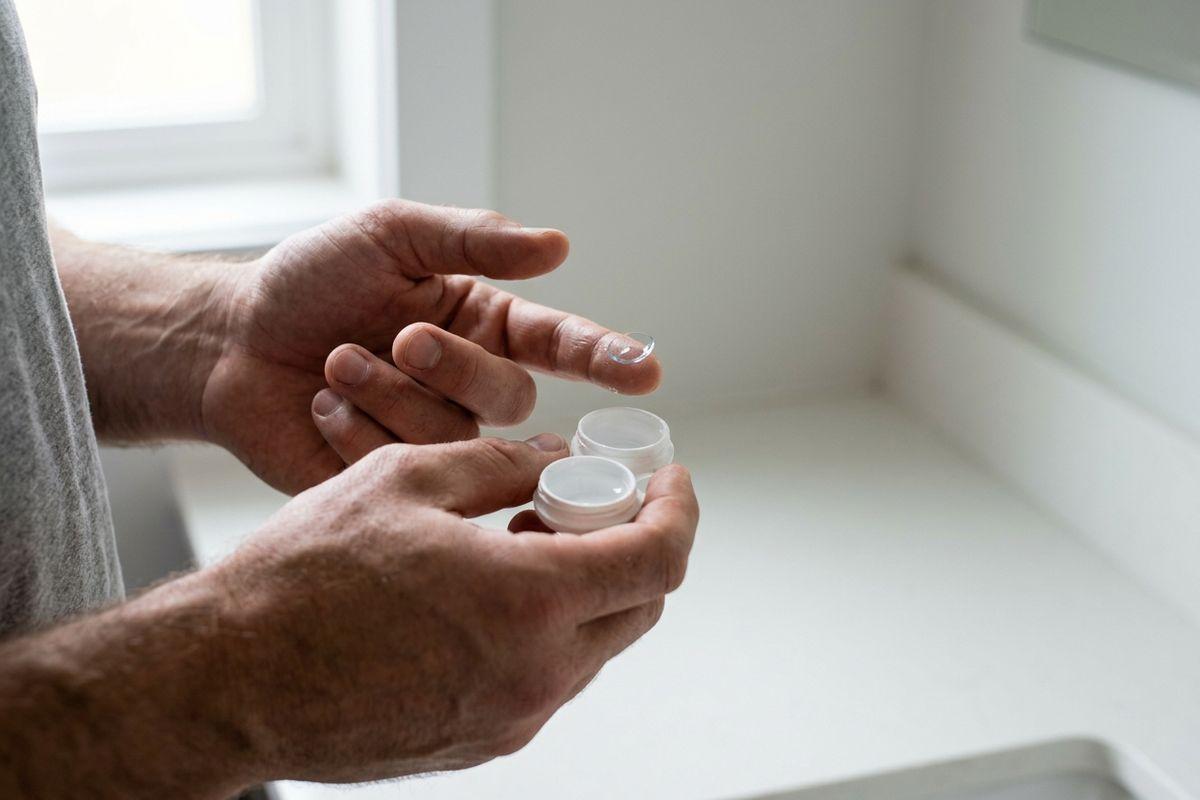 A person holding a contact lens on one fingertip above an open contact lens case indoors.