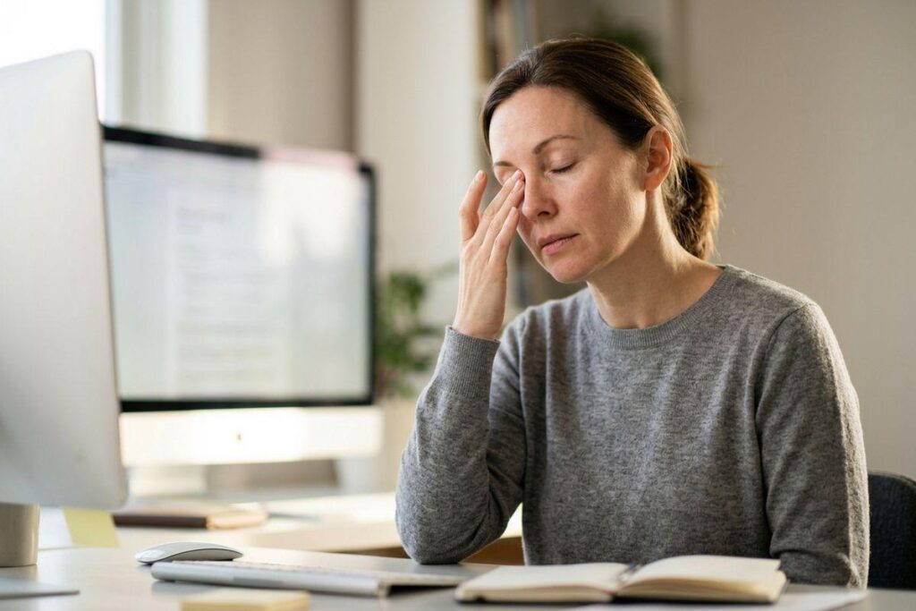 An adult sitting at a desk with a computer, eyes closed, pressing fingers to the bridge of their nose, with an open notebook nearby.