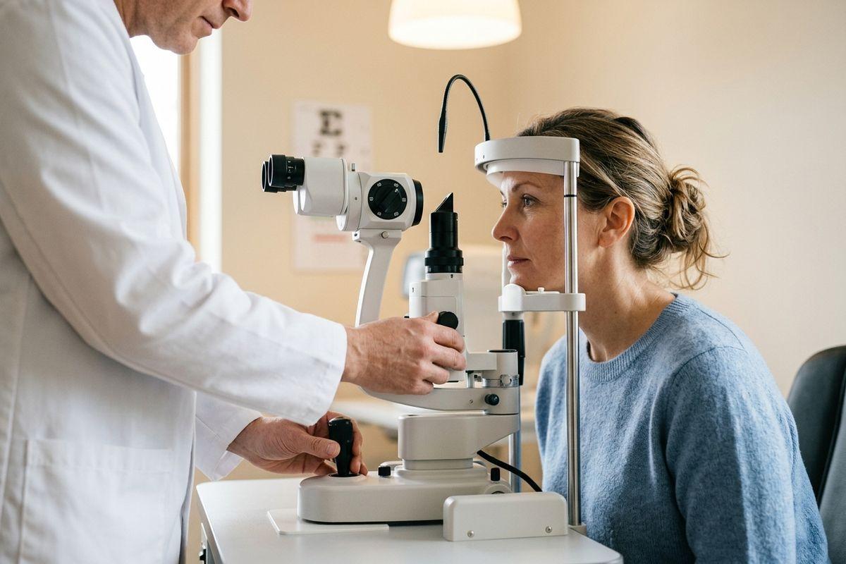 An optometrist operating a slit lamp while an adult patient looks into the device during an eye exam.